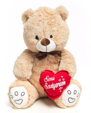 Kalpli Seni Seviyorum Yazılı 50cm Bej Peluş Ayıcık