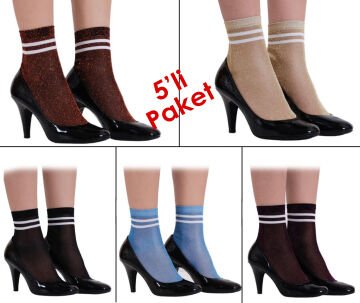Çizgi Detaylı Simli Soket Çorap Renkli 5'li Ekonomik Paket