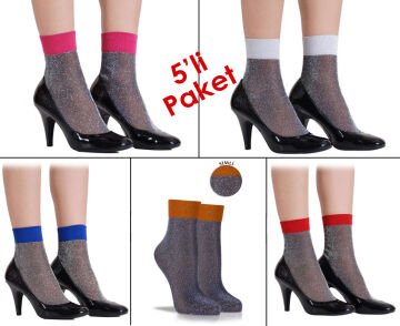 Simli Soket Çorap Renkli Lastikli 5'li Ekonomik Paket
