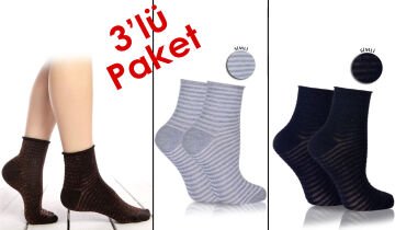 Simli Soket Çorap Lastiksiz Çizgili 3lü Eko Paket