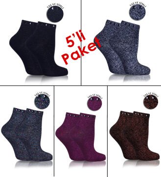 Simli Soket Çorap Siyah Taşlı Renkli 5'li Ekonomik Paket