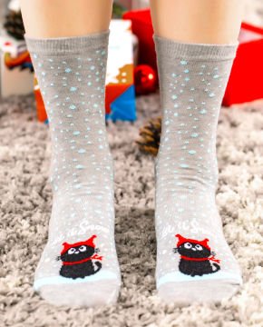 Let it Snow Yazılı ve Kedi Desenli Soket Çorap