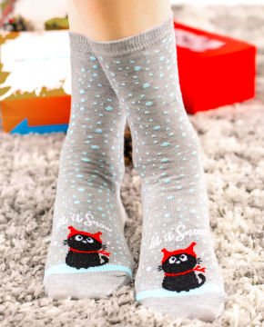 Let it Snow Yazılı ve Kedi Desenli Soket Çorap