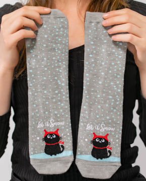 Let it Snow Yazılı ve Kedi Desenli Soket Çorap