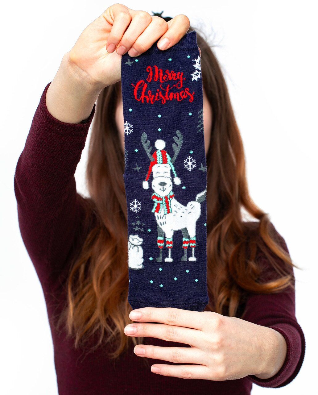 Merry Christmas Yazılı Geyik Desenli Soket Çorap LACİVERT - 36/40