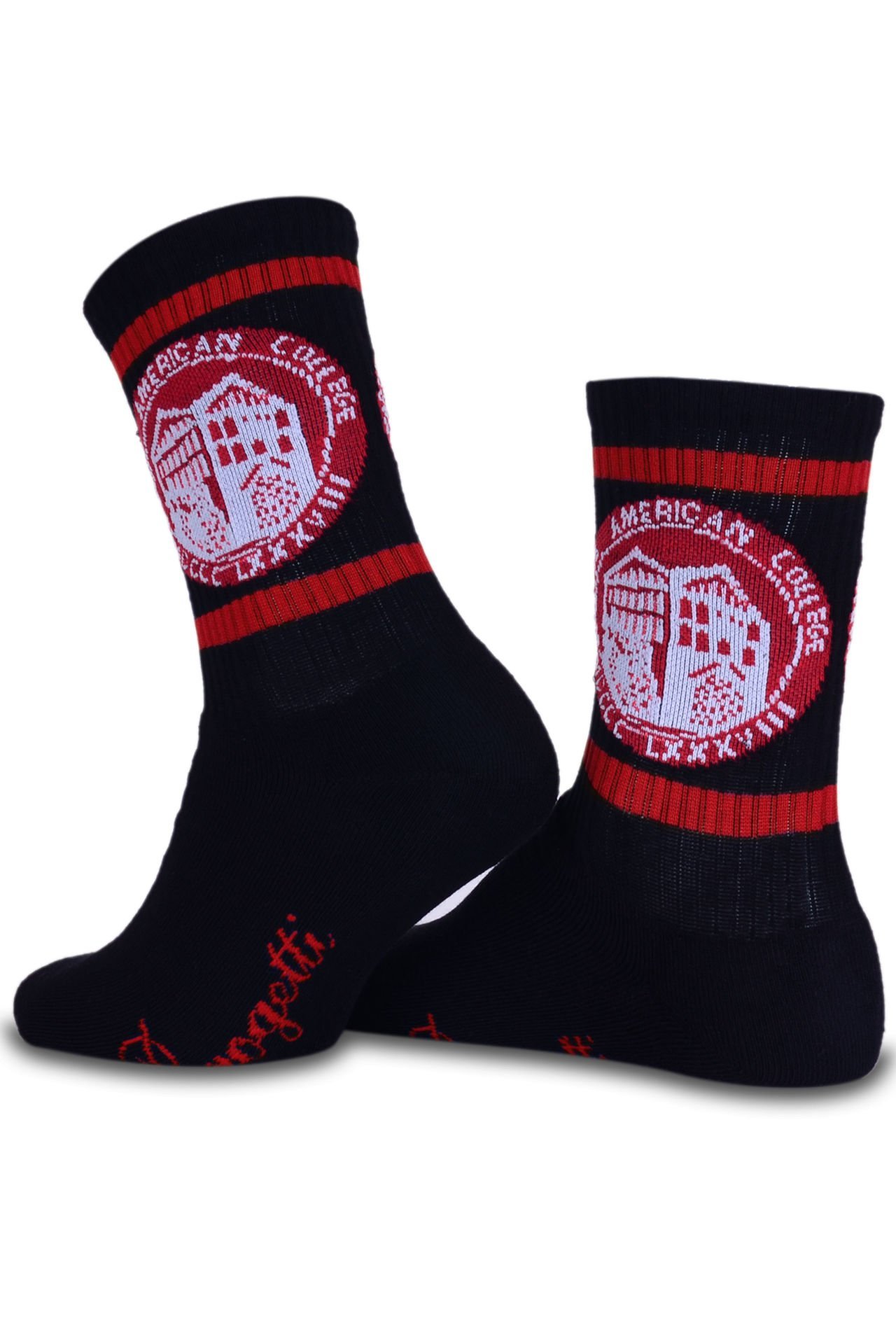 TAC Logolu Siyah Renk Kırmızı Çizgili Spor Çorap