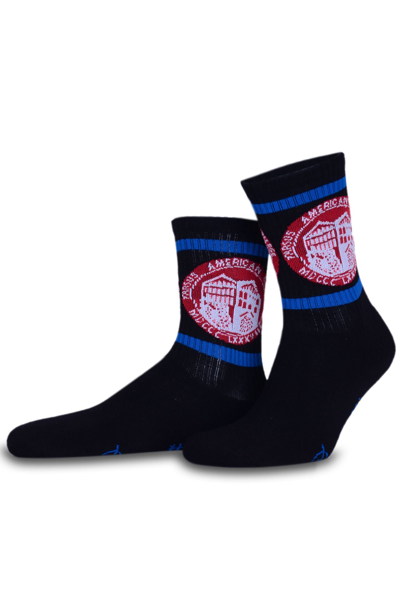 TAC Logolu Siyah Renk Saks Mavi Çizgili Spor Çorap