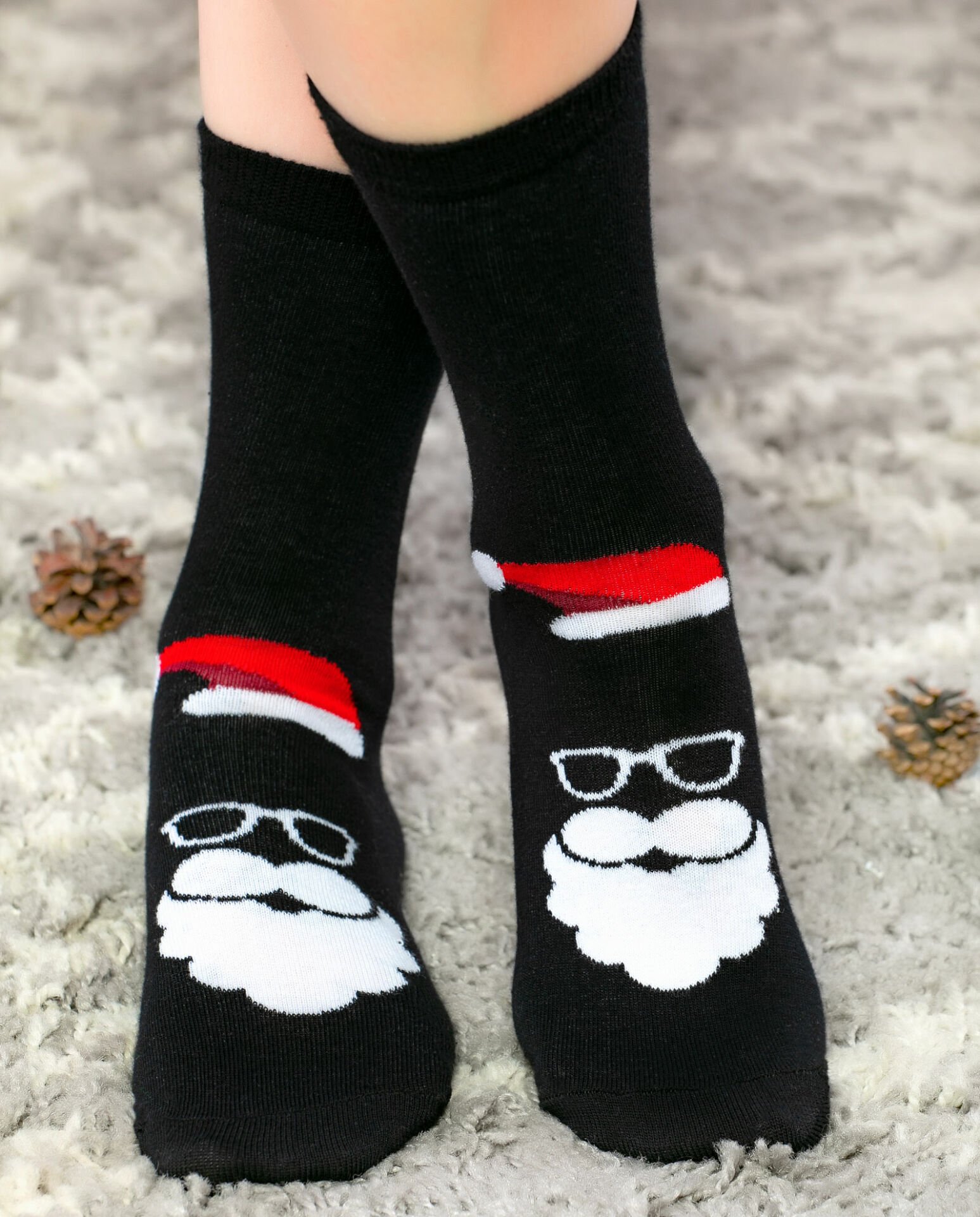 Noel Baba Desenli Soket Çorap Siyah Renk