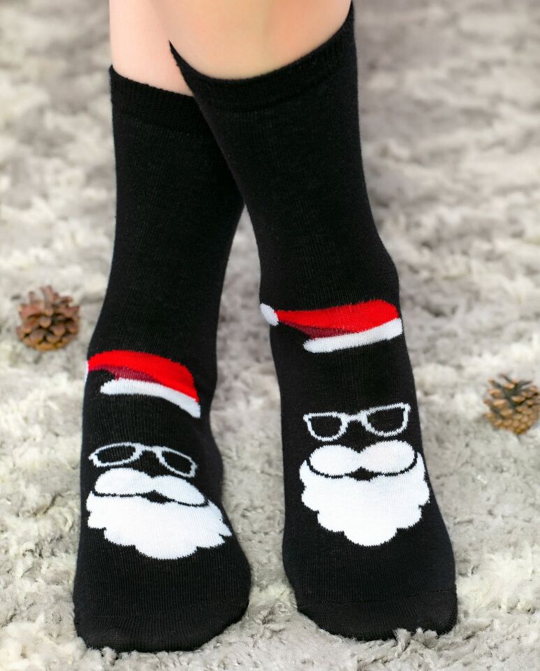 Noel Baba Desenli Soket Çorap Siyah Renk