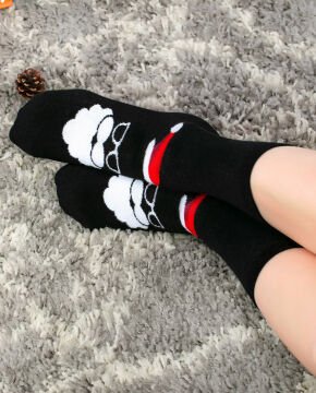 Noel Baba Desenli Soket Çorap Siyah Renk