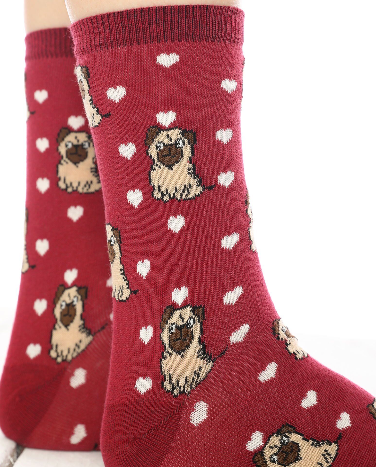 Bordo Pug Çorabı Beyaz Kalpli RENKLİ - 35/39