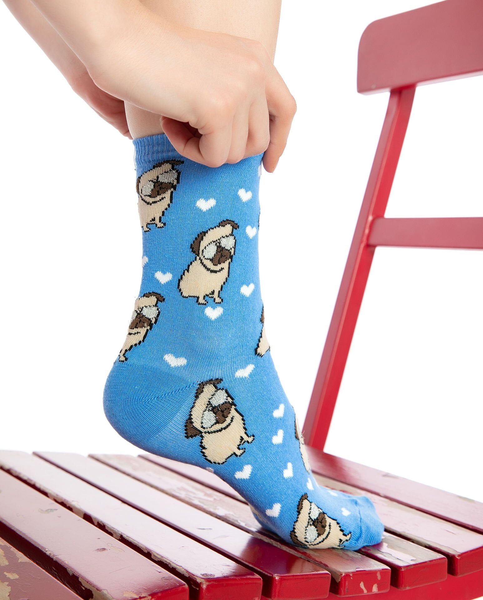 Simli Gözlük Pug Çorap Beyaz Kalpli