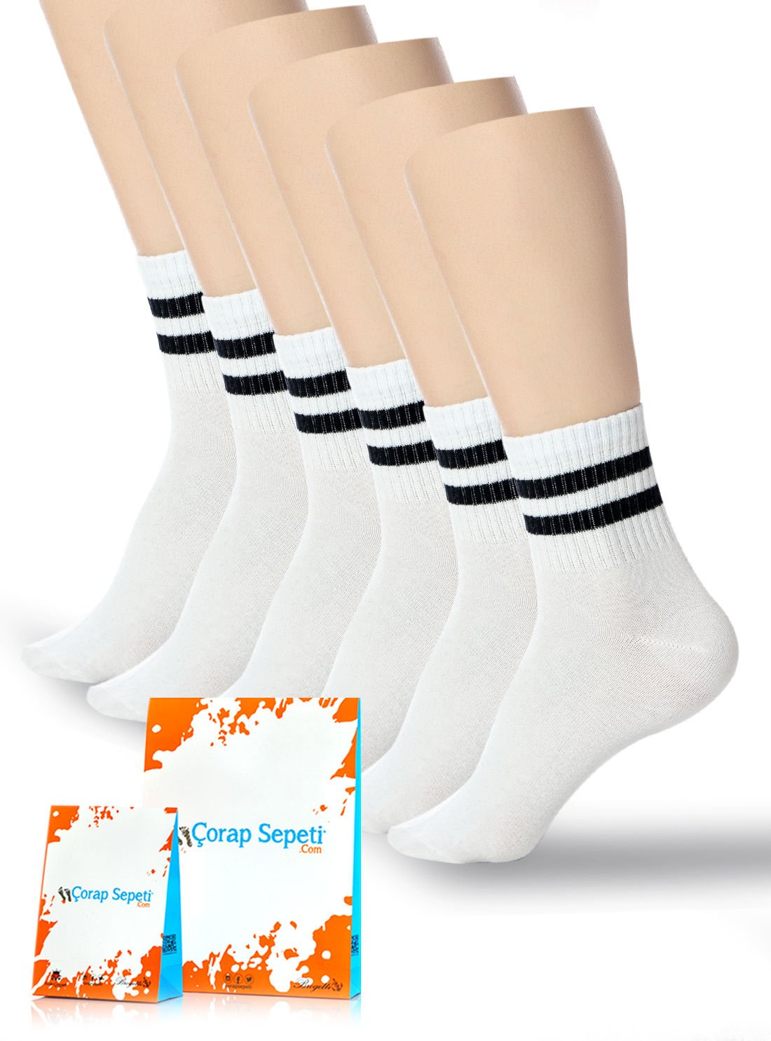 Kadın Çizgili Çorap 6lı Paket Beyaz Renk Siyah Çizgili