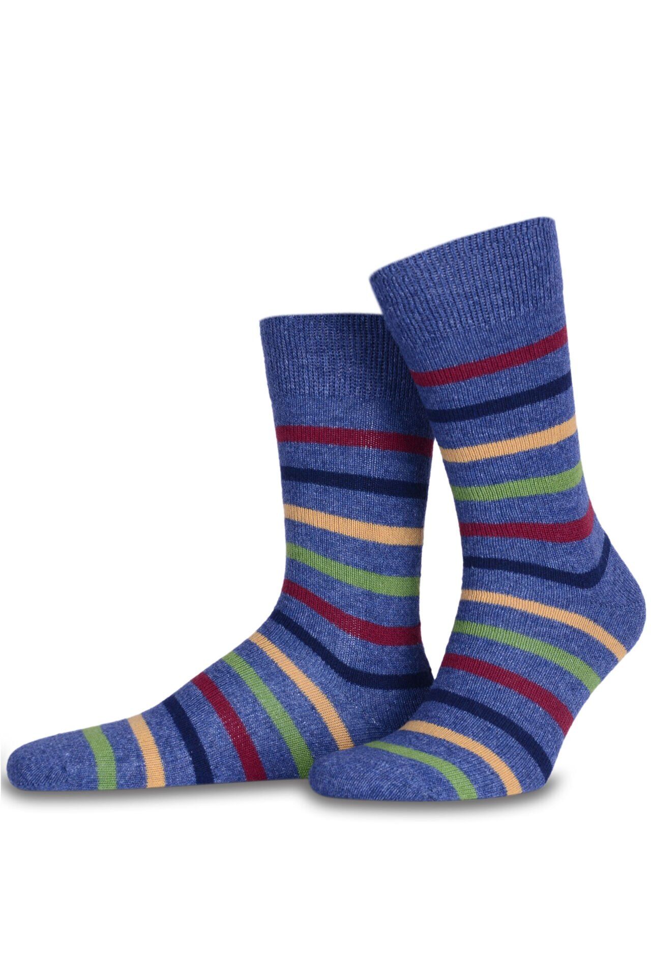 Mavi Renkli Çizgili Kışlık Yün Soket Çorap