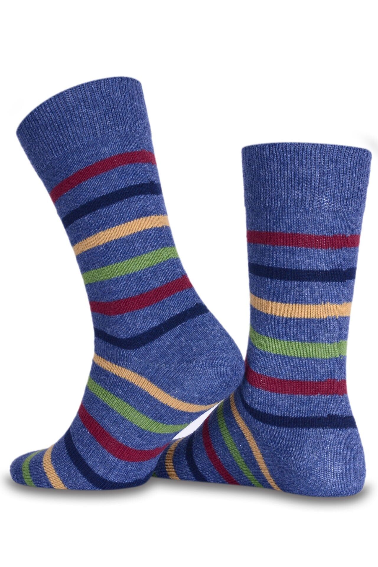 Mavi Renkli Çizgili Kışlık Yün Soket Çorap