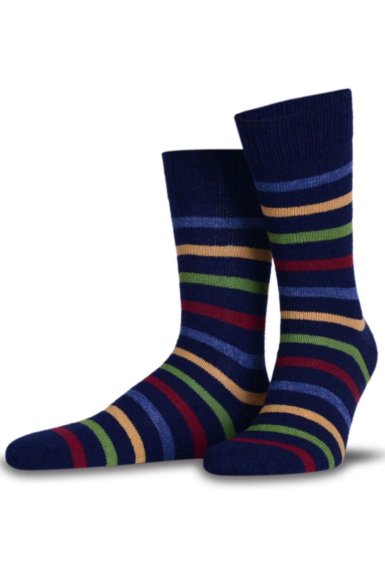 Lacivert Renkli Çizgili Kışlık Yün Soket Çorap