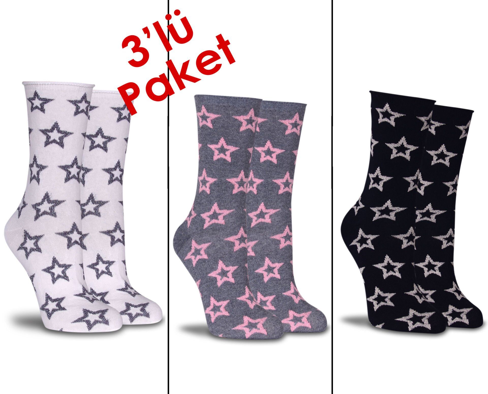 Simli Yıldız Desenli Soket Çoraplar 3'lü Ekonomik Paket