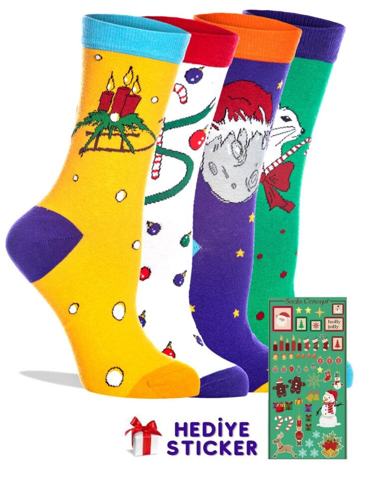 Yılbaşı Çorabı 4lü Özel Tasarım Kutulu ve Noel Temalı