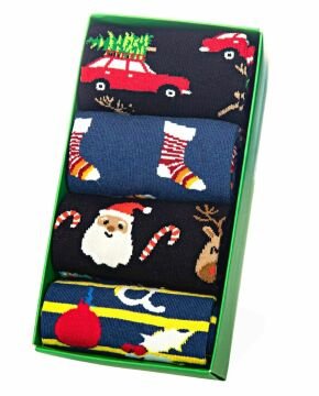 Erkek Yılbaşı Çorabı 4'lü Özel Kutulu Noel Baba ve Araba