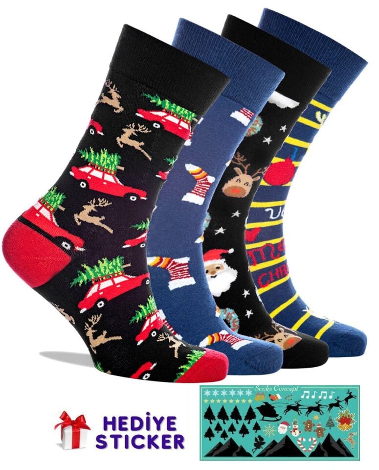 Erkek Yılbaşı Çorabı 4'lü Özel Kutulu Noel Baba ve Araba