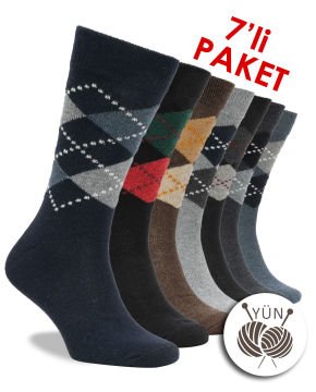 Yün Çorap Erkek Ekose Desenli 7'li Paket Şok Fiyat