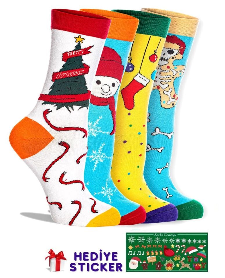 Renkli Yılbaşı Çorapları 4lü Özel Tasarım Kutulu Unisex