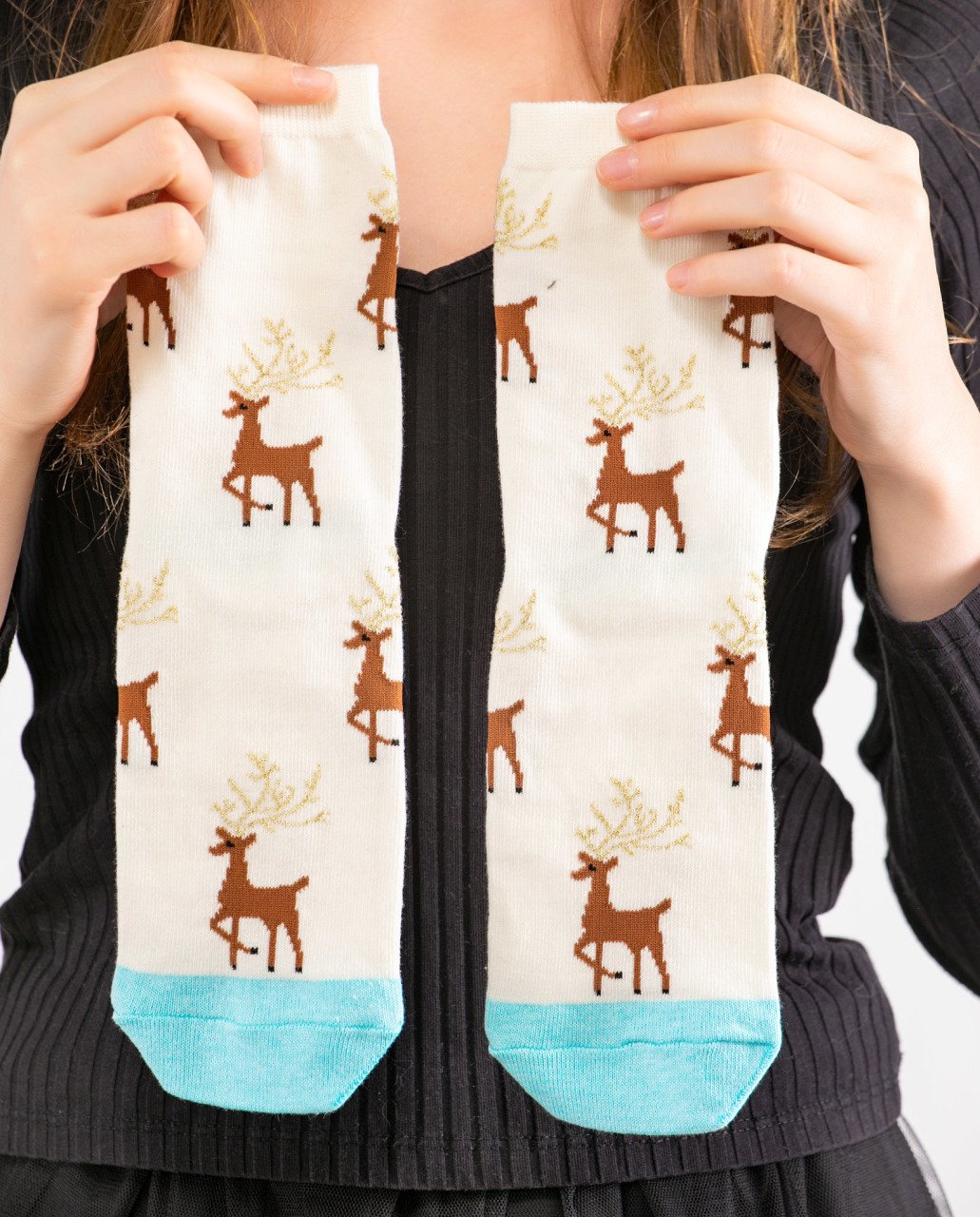 Geyik Desen Simli Boynuz Detaylı Soket Çorap Socks Concept EKRU - 36/40