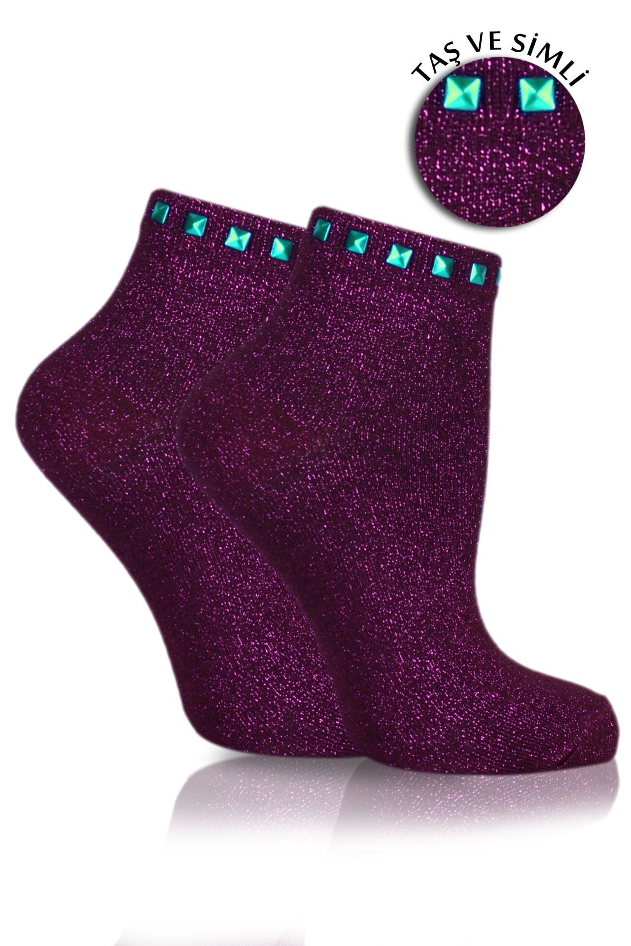 Mürdüm Simli Çorap Turkuaz Taşlı Matmazel