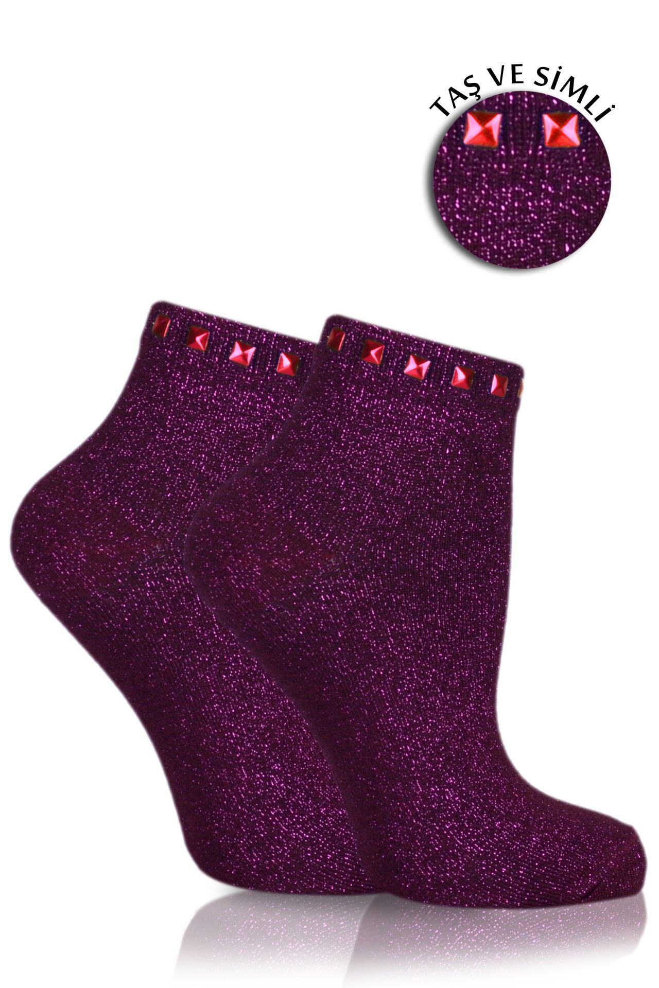 Mürdüm Simli Çorap Kırmızı  Taşlı Matmazel