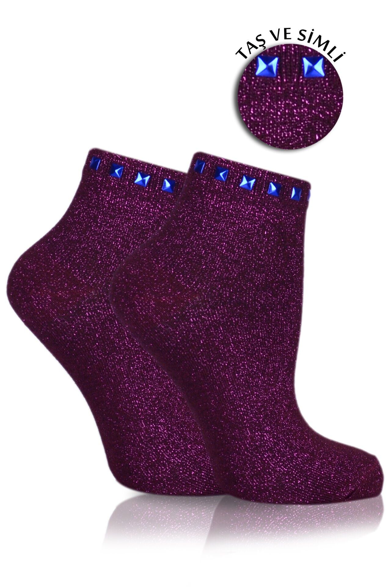 Mürdüm Simli Çorap Saks Mavi Taşlı Matmazel