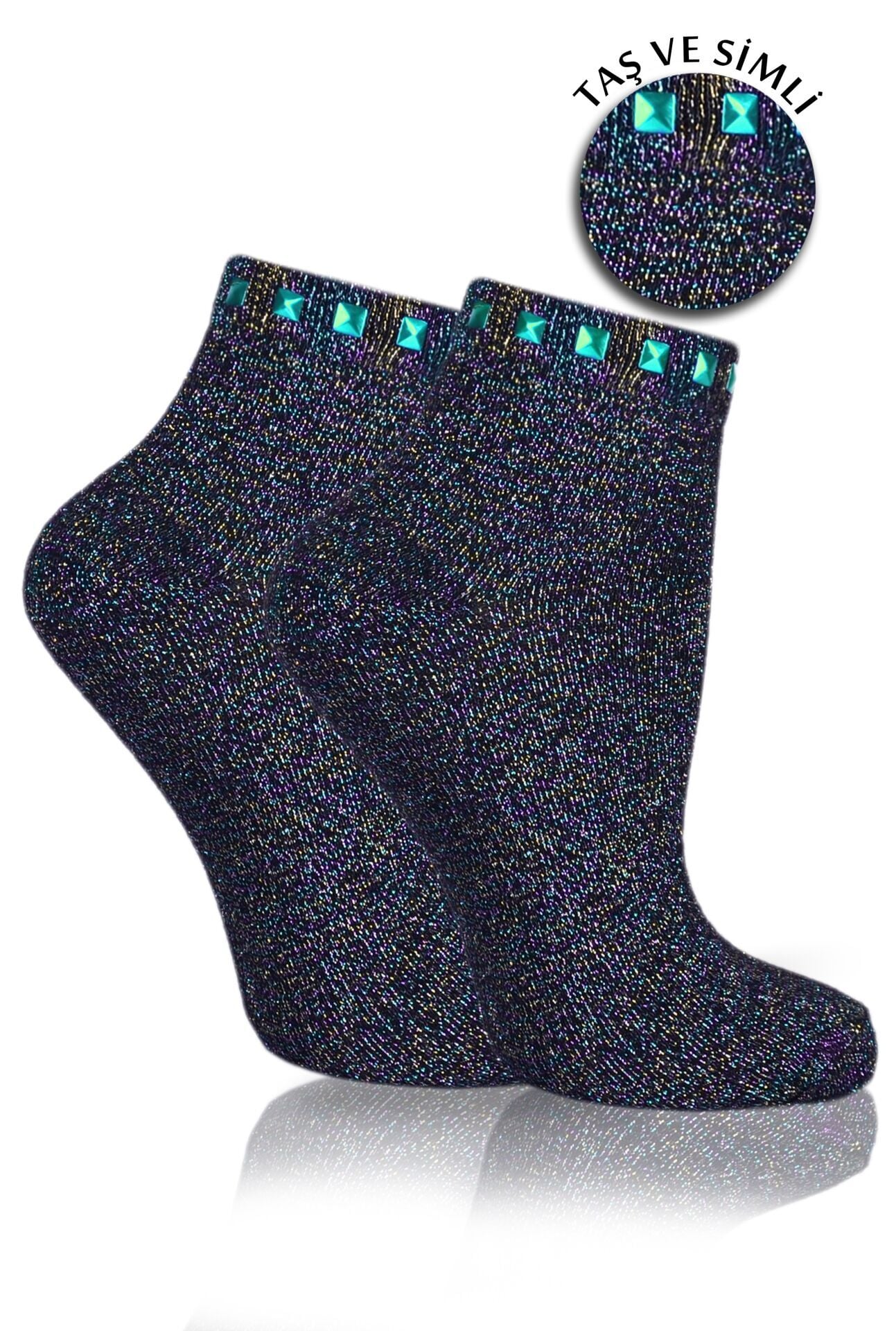 Renkli  Simli Çorap Turkuaz Taşlı Matmazel RENKLİ - TEK BEDEN