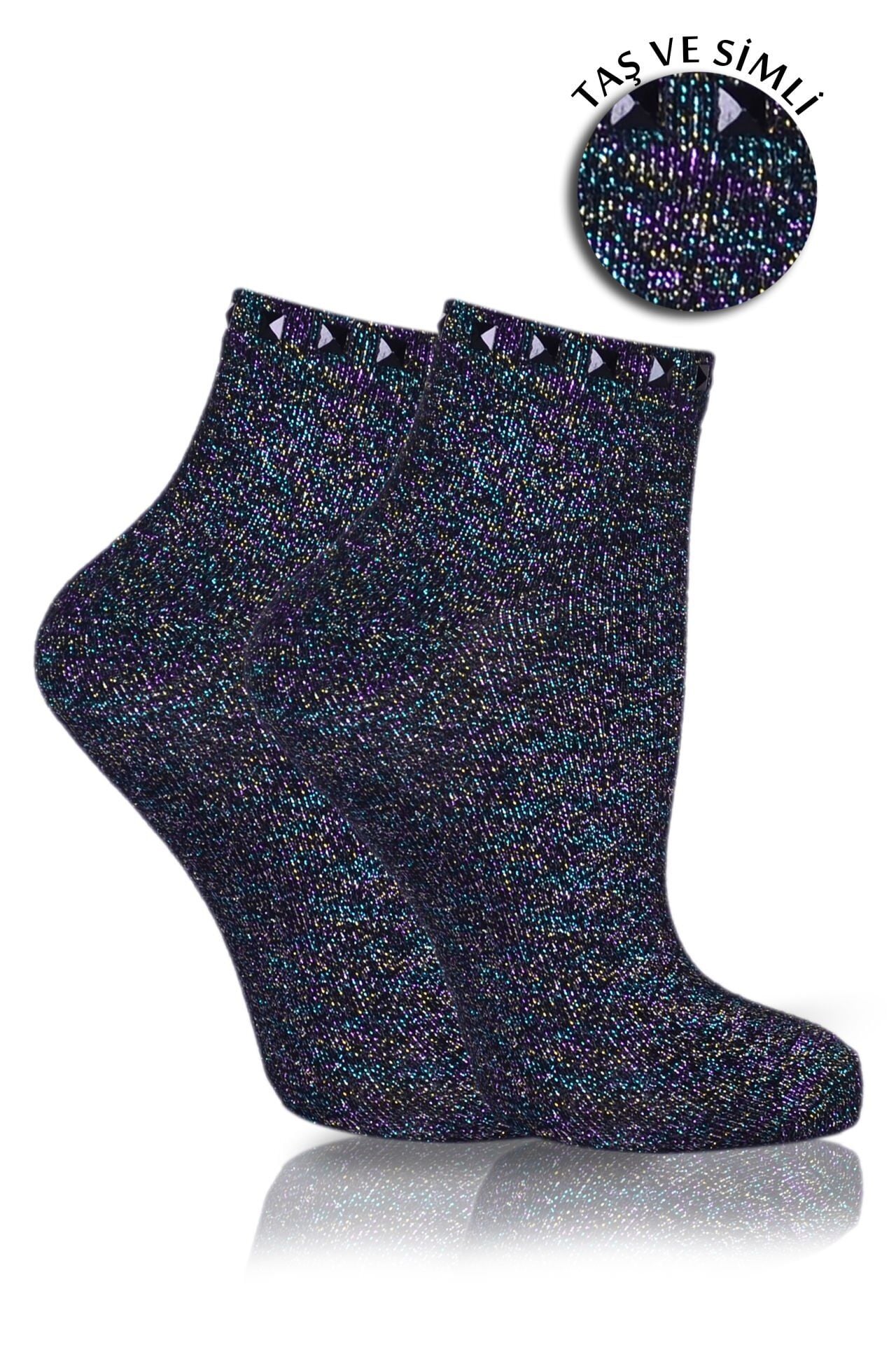 Renkli  Simli Çorap Siyah  Taşlı Matmazel