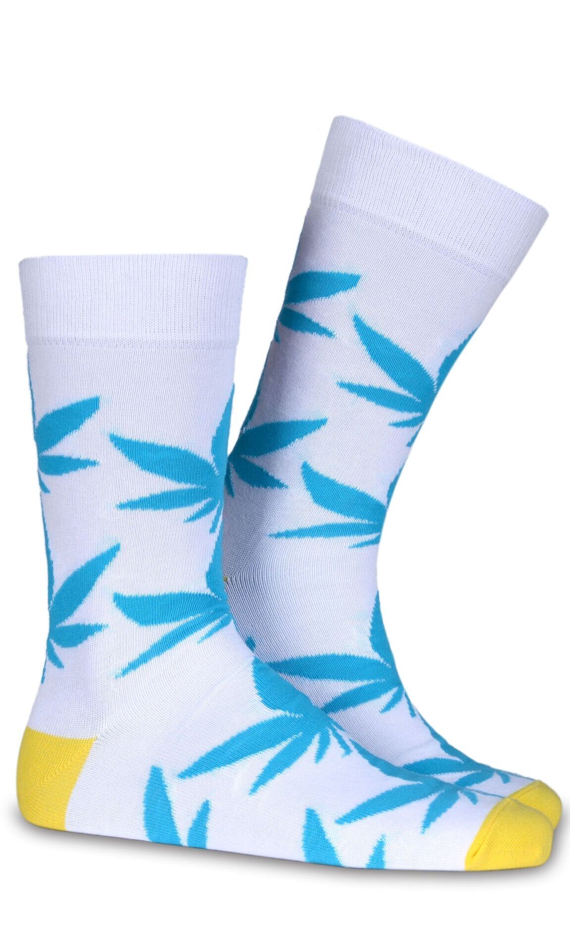 Beyaz Renk Mavi Yaprak Desenli Erkek Soket Çorap