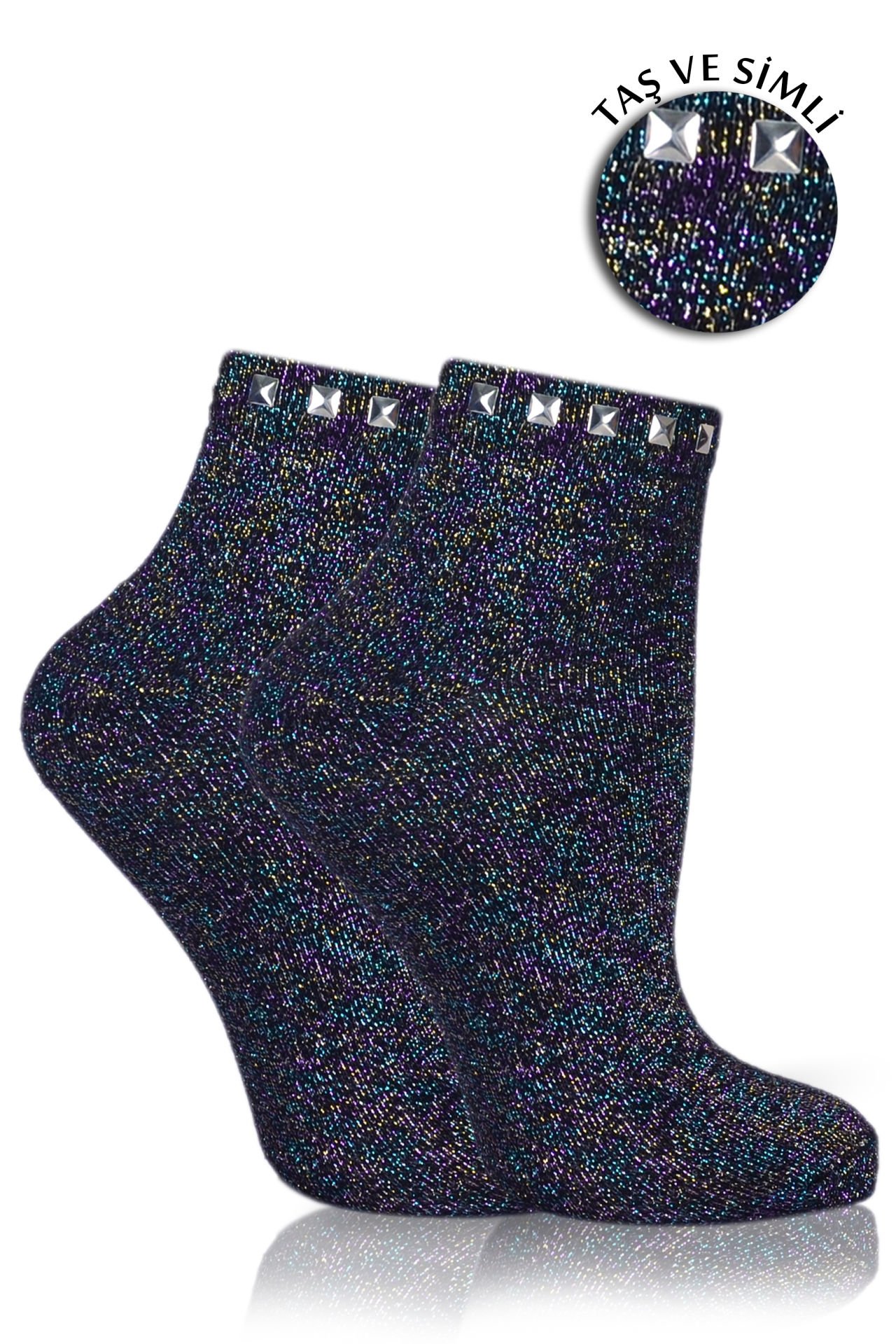 Renkli  Simli Çorap Gümüş Taşlı Matmazel