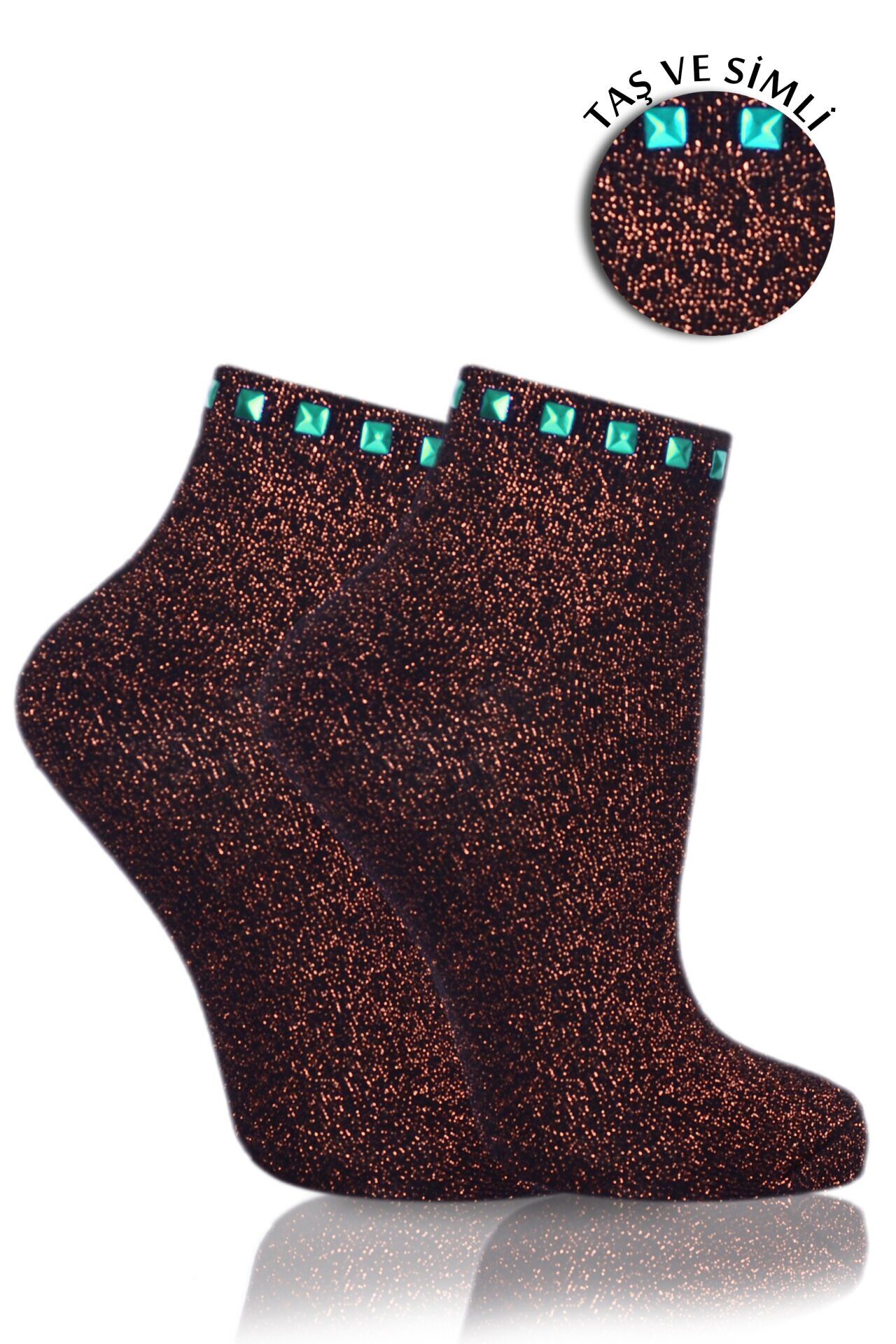 Bakır  Simli Çorap Turkuaz Taşlı Matmazel