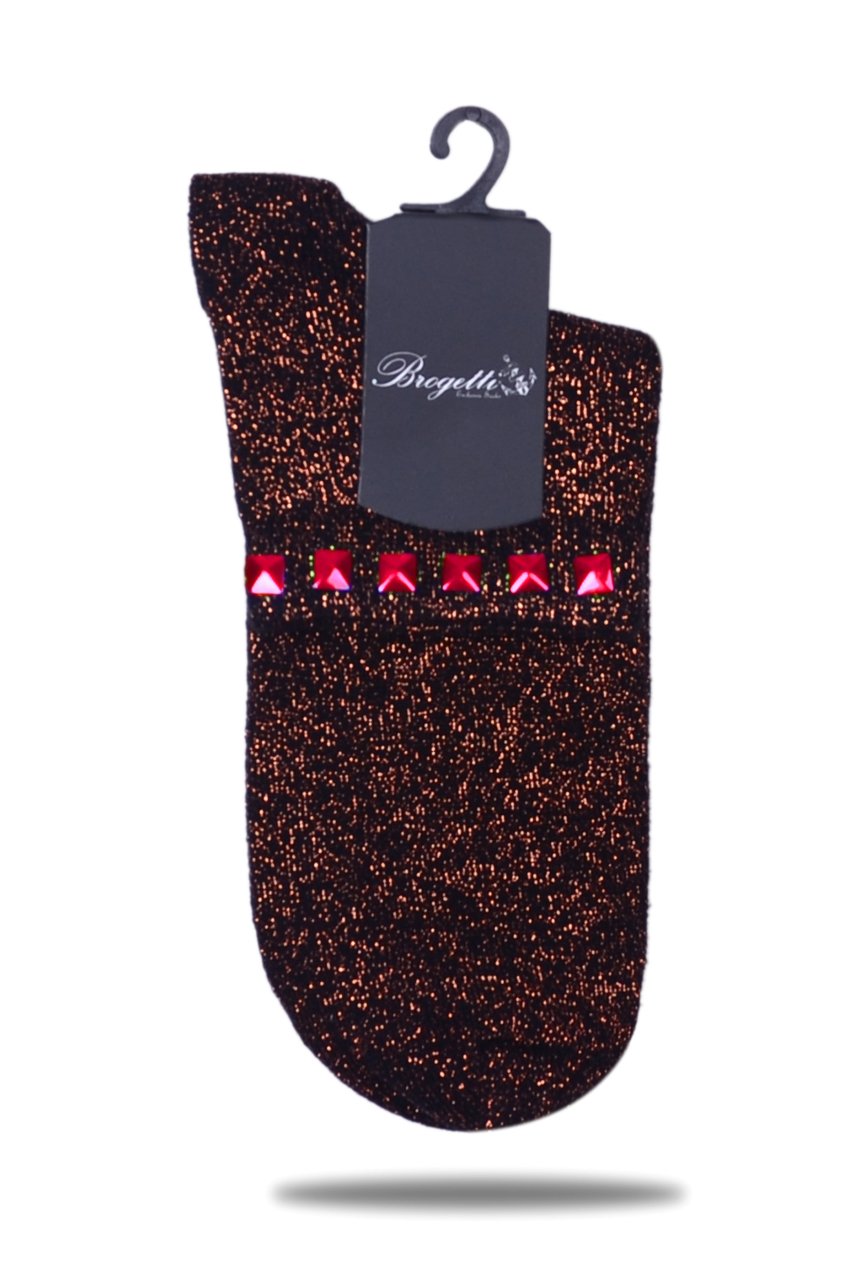 Bakır  Simli Çorap Kırmızı Taşlı Matmazel KİREMİT - TEK BEDEN