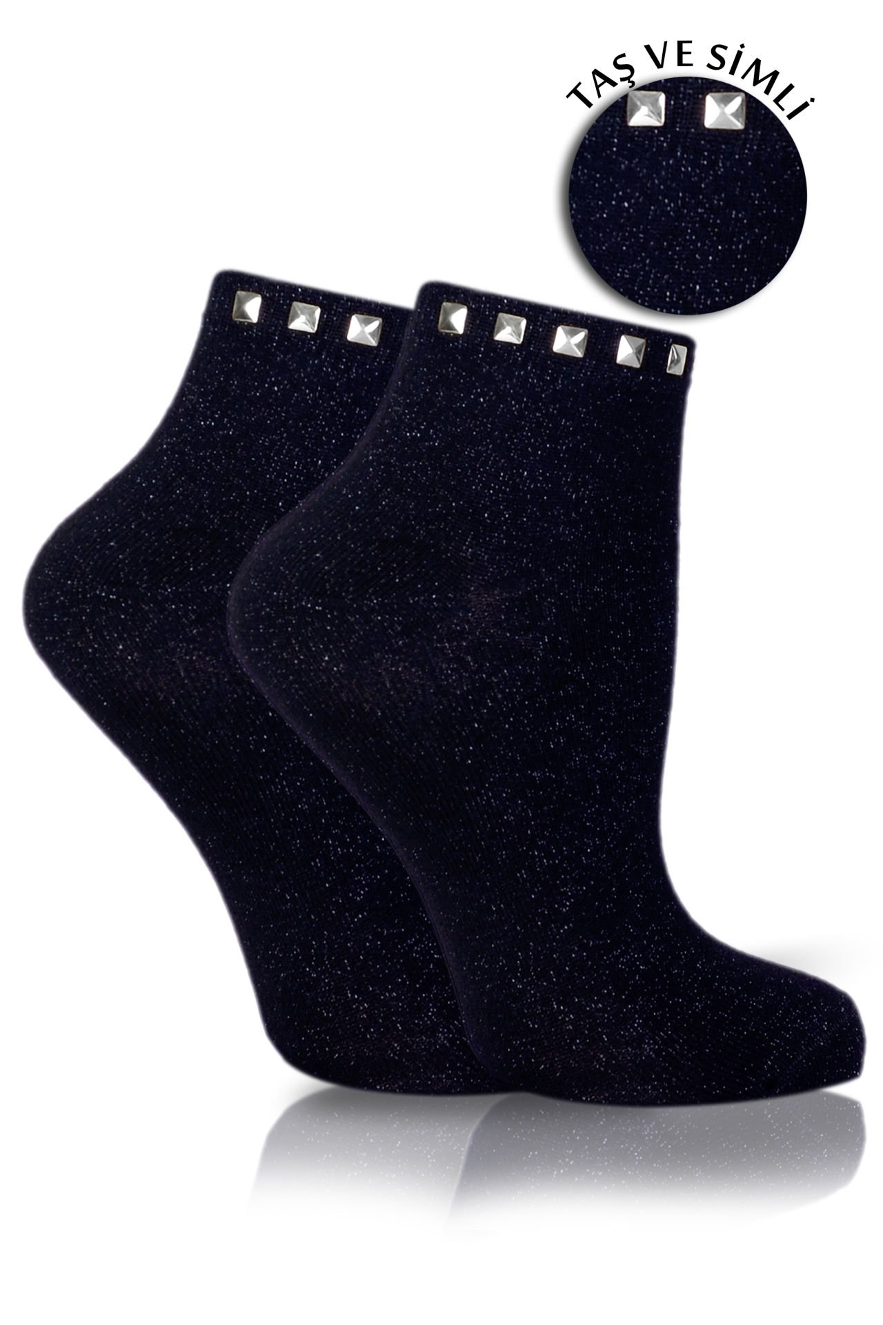 Siyah Simli Çorap Gümüş Taşlı Matmazel