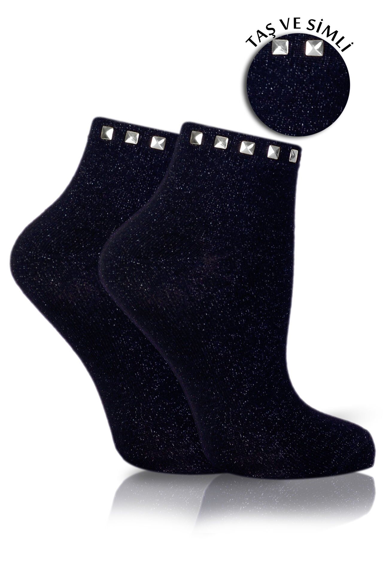 Siyah Simli Çorap Gümüş Taşlı Matmazel