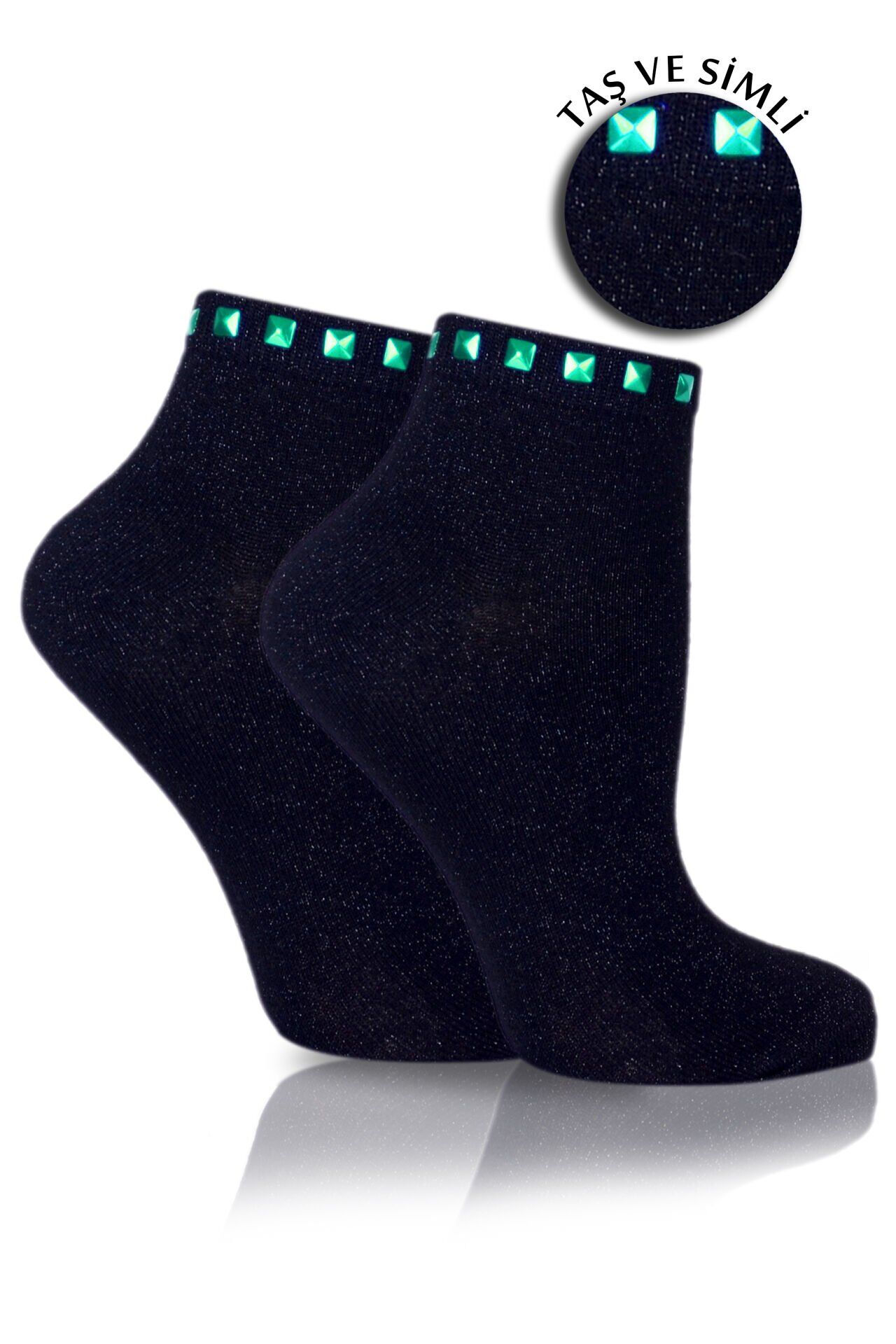 Siyah Simli Çorap Turkuaz Taşlı Matmazel