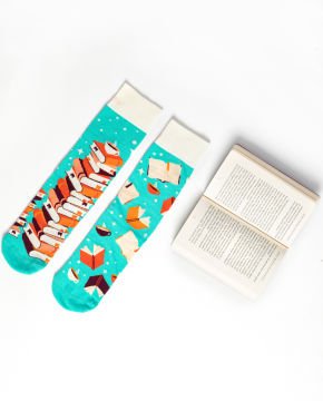 Unisex Turkuaz Çorap Kitap ve Kahve Desenli