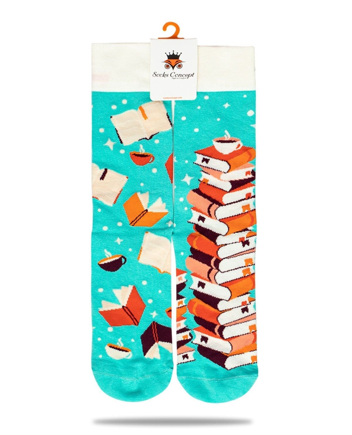 Unisex Turkuaz Çorap Kitap ve Kahve Desenli RENKLİ - 39/42