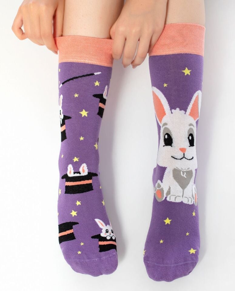 Sihirbaz Şapka ve Tavşan Desenli Unisex Çorap