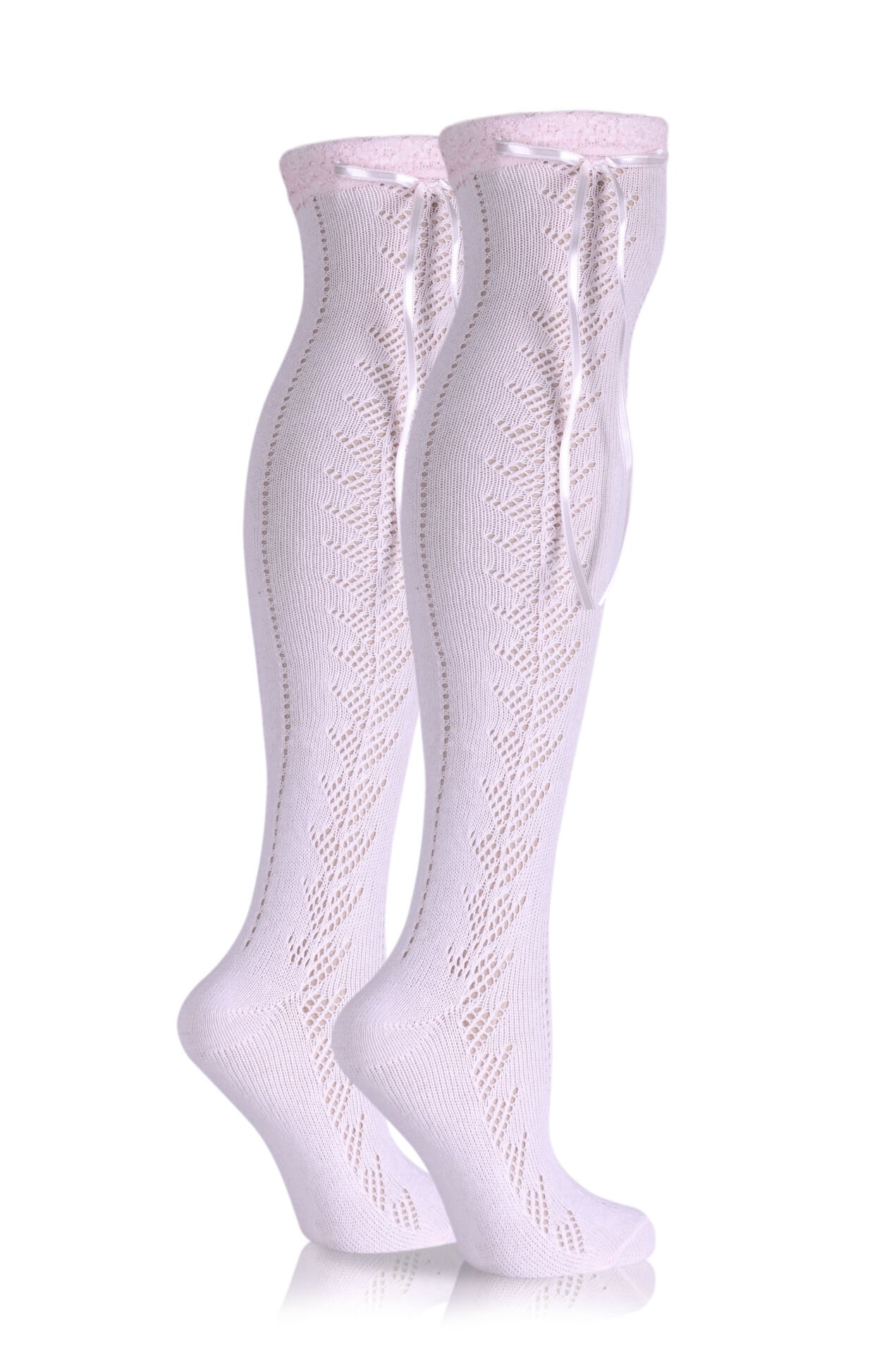 Toz Pembe Diz Üstü Dantel Detaylı File Çorap Jessica