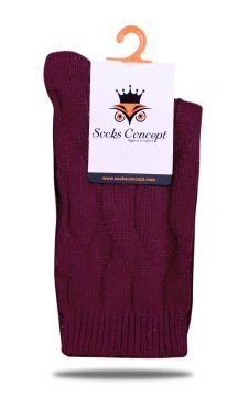 Bordo Renk Örgü Desen Kışlık Soket Çorap