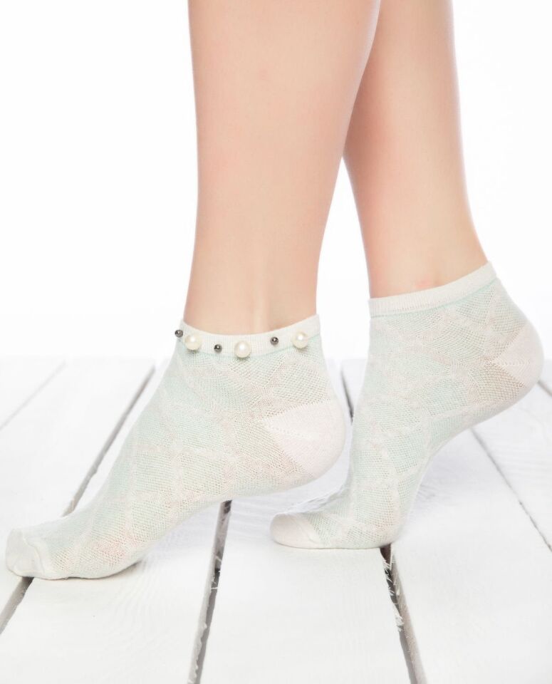 İnci Aksesuarlı Çorap Su Yeşili Kabartmalı Pearly
