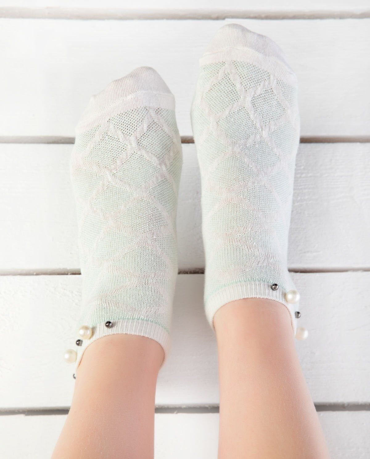 İnci Aksesuarlı Çorap Su Yeşili Kabartmalı Pearly