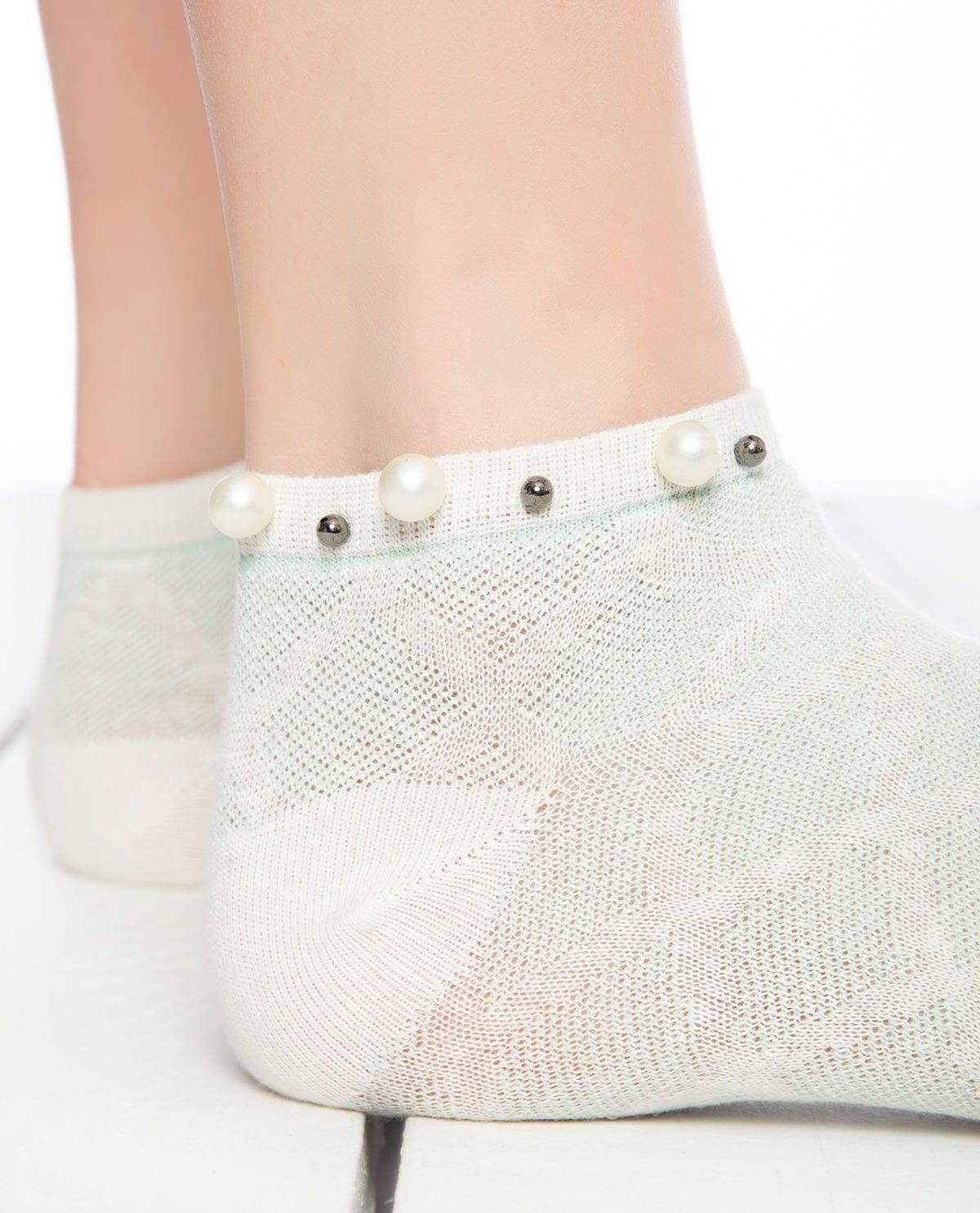 İnci Aksesuarlı Çorap Su Yeşili Kabartmalı Pearly