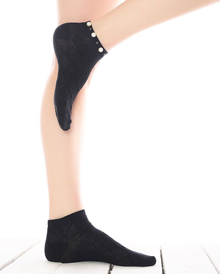 İnci Aksesuarlı Çorap Siyah Kabartmalı Pearly