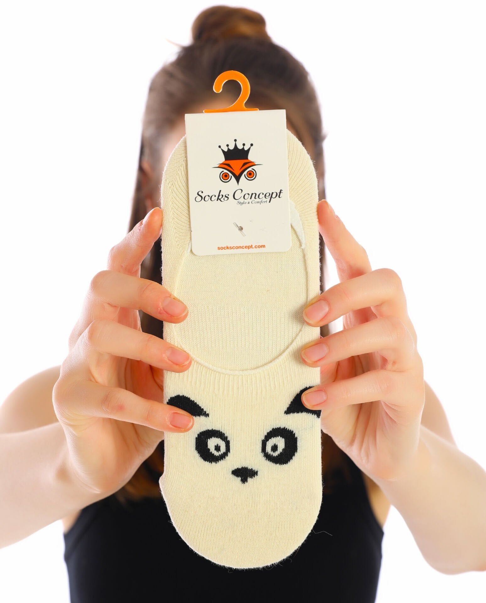 Ekru Renk Panda Desenli Babet Çorap