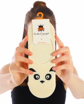 Ekru Renk Panda Desenli Babet Çorap